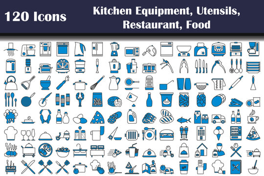 120 Icons Of Kitchen Equipment, Utensils, Restaurant, Food