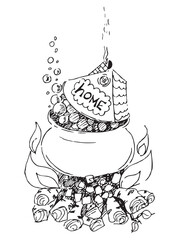 Mad sarcastic plot with house, pot and fire