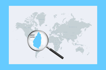 Map of Saint Lucia on political world map with magnifying glass