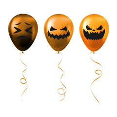 Set of Halloween orange balloons with scary and funny faces