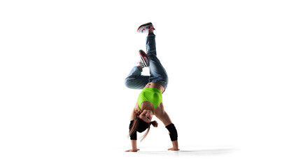 Street dancer girl  dance breakdance isolated on white