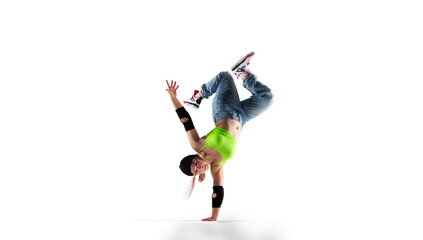 Street dancer girl  dance breakdance isolated on white