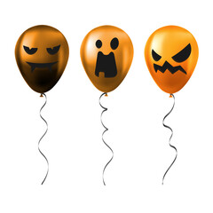 Set of Halloween orange balloons with scary and funny faces
