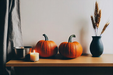 Cozy home interior mockup, autumn fall decorations, pumpkins, vase of wheat, candle. Scandi, minimal style. For Halloween or Thanksgiving