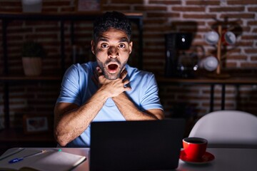 Hispanic man with beard using laptop at night shouting and suffocate because painful strangle....