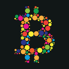 Bitcoin symbol made of colorful circles in black background - Cryptocurrency and blockchain first coin