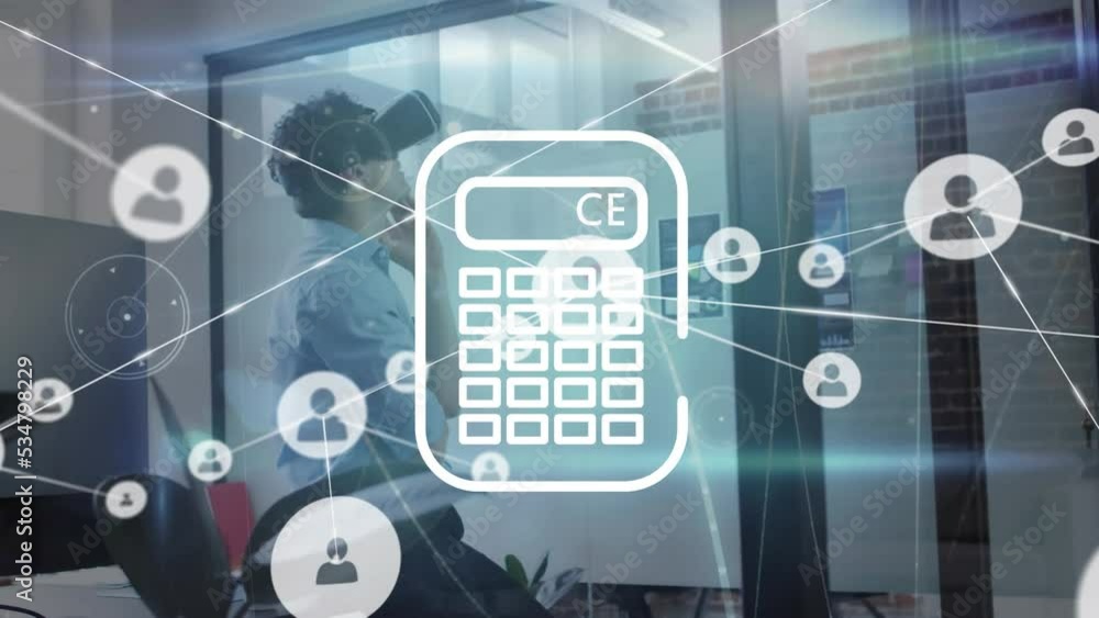 Poster animation of connections with icons over calculator and caucasian man in vr headset