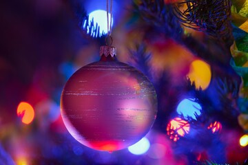 Kolorowa bąbka choinkowa otoczone kręgami ozdobnych świateł. Boże Narodzenie, Wigilia, choinka, prezenty. - obrazy, fototapety, plakaty