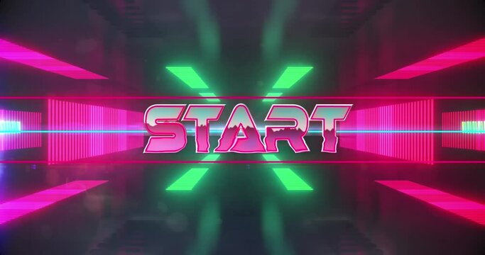 Animation of start over digital space with neon lights and shapes