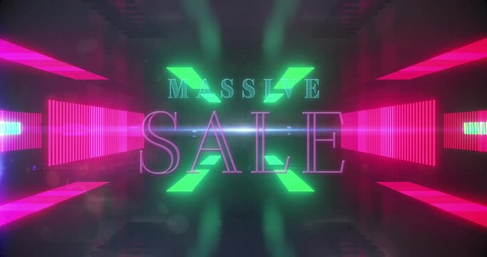 Animation of massive sale over digital space with neon lights and shapes - Powered by Adobe