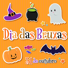 Dia das Bruxas - 31 de outubro. Halloween in Brazilian Portuguese Hand Lettering. Dia das Bruxas em Portugues. Halloween holiday with hand drawing doodle. Vector. 