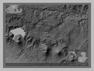Chimaltenango, Guatemala. Grayscale. Labelled points of cities