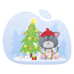 Winter poster with Cute gray kitty in red cap, entangled in a garland,  with Christmas tree, yellow star and trees on background. Vector illustration for postcard, banner, web, design, arts, calendar.