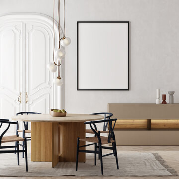 Elegant composition of stylish dining room interior with mock up poster frames, beige sideboard, family dining table, decoration, 3d render, 3d illustration.