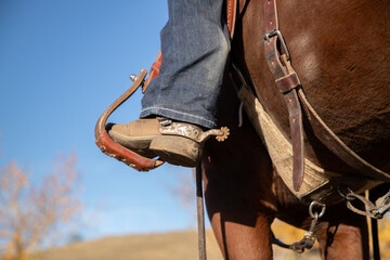 Western boot and spur in a stirrup. - obrazy, fototapety, plakaty