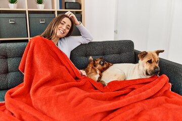 Young hispanic woman covering with blanket sitting on sofa with dogs at home