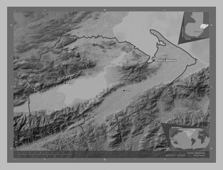 Izabal, Guatemala. Grayscale. Labelled points of cities