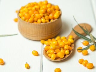 Fresh sea buckthorn berries in a wooden bowl and spoon against the background of leaves and branches with berries
