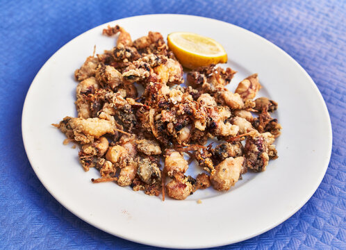  Plate of fried chopitos on paper surface