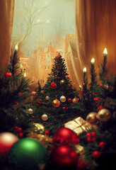 Christmas and New Year greeting card with copy space. Background with Christmas tree ornaments, candles window, drapes and houses. Holiday design for greeting card, invitation, cover, 3D illustration