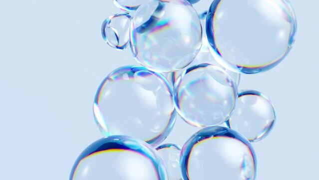 3d animation, clear bubbles spinning around, flying glass jelly balls, abstract background, purity concept