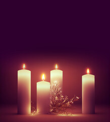 Four beautiful candles with silver festive branch on red and purple background and copy space, template for birthday, anniversary or celebration or holydays. 3D illustration