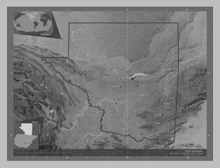 Peten, Guatemala. Grayscale. Labelled points of cities