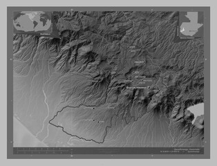 Quezaltenango, Guatemala. Grayscale. Labelled points of cities