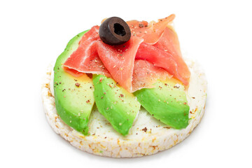 Rice Cake Sandwich with Fresh Avocado, Jamon and Olives - Isolated on White. Easy Breakfast. Diet Food. Quick and Healthy Sandwiches. Crispbread with Tasty Filling. Healthy Dietary Snack - Isolation