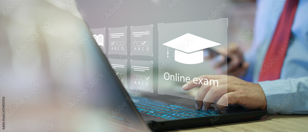 Aufkleber student passing online exam concept, online exam, choose correct answer in test knowledge. e-learnin