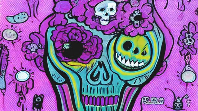 Generative AI colorful animation of graffiti painting of mexican skulls and skeletons. Digital image painted illustration of Halloween videoloop cubist style with markers.