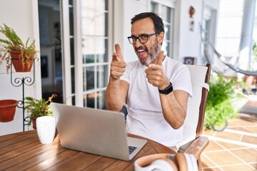 Middle age man using computer laptop at home pointing fingers to camera with happy and funny face....
