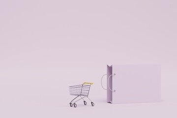 purchase of goods in the store. shopping cart leaving the gift bag on a pastel background. copy paste. 3D render