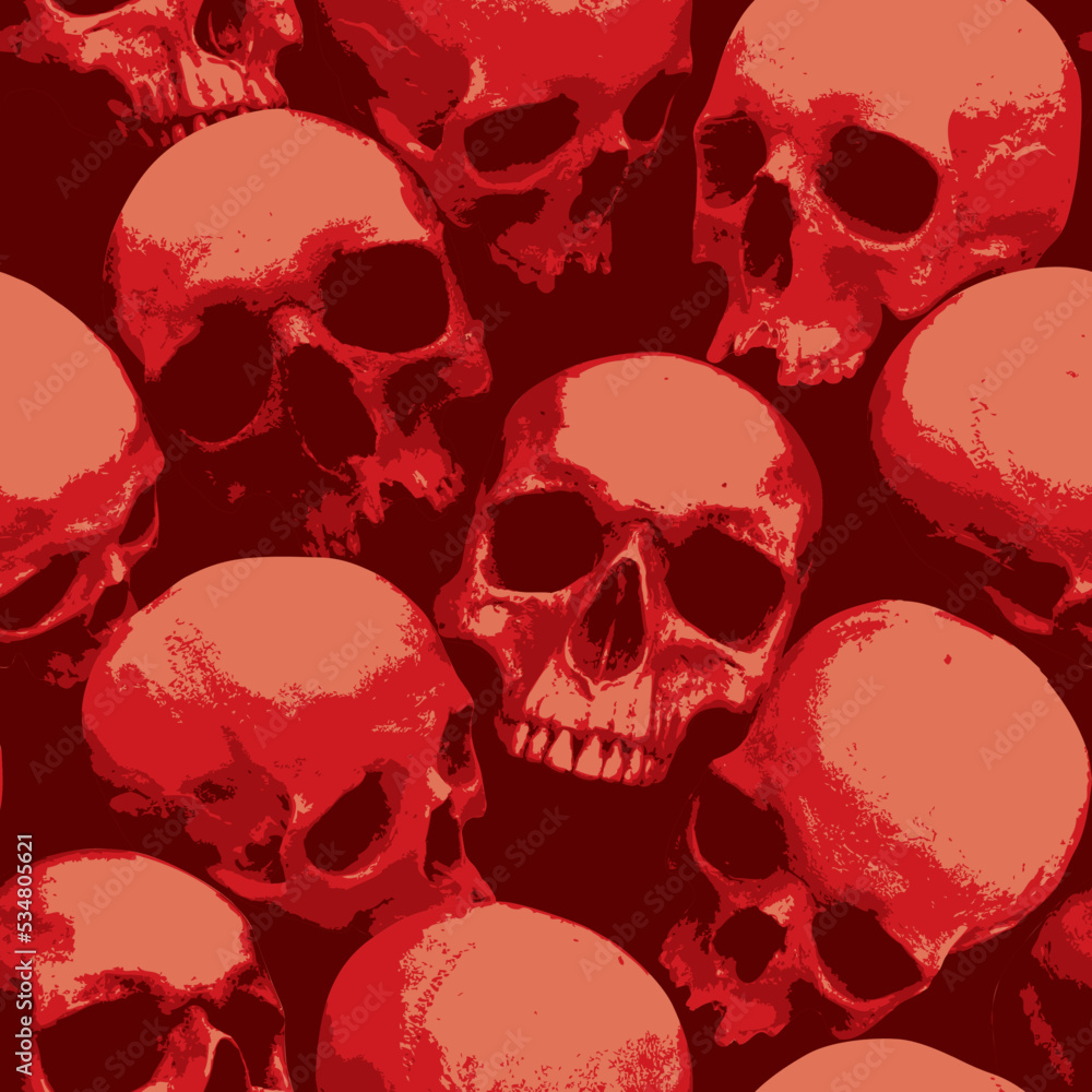 Poster seamless pattern with human skulls. vector background with sinister smiling skulls in retro style. g