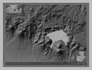 Solola, Guatemala. Grayscale. Labelled points of cities