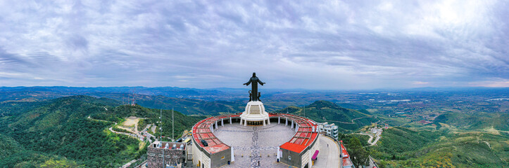 Aerial: beautiful view of Cristo Rey statue and landscape in Guanajuato, Mexico. Drone view

