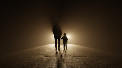 silhouette of a man and little girl holding hands while walking toward the headlights of a car...