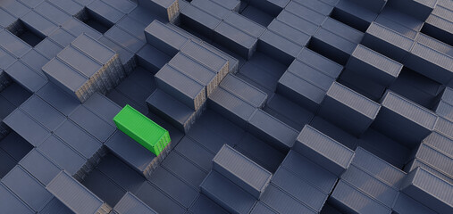 A single green shipping containing on top of a large stack of grey shipping containers © Crane Design