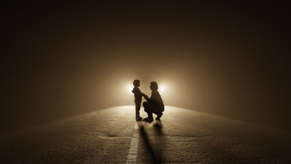 silhouett of a woman and a young boy standing in front of the headlights of a car parked on a dark...