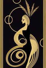 abstract digital art deco style postcard illustration of a woman and circular shapes, created with generative ai © Inspired