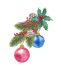 New Year card. Fir branches, red berries and Christmas decorations. Watercolor illustration.