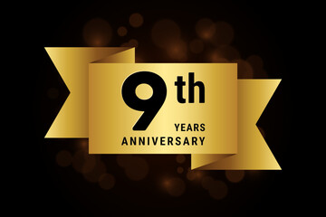 9 Years anniversary, anniversary celebration template design with gold ribbon. Logo vector illustration