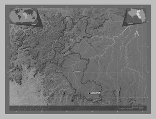 Faranah, Guinea. Grayscale. Labelled points of cities