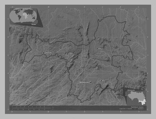 Nzerekore, Guinea. Grayscale. Labelled points of cities