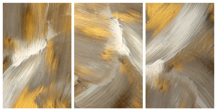 Art acrylic and oil smear blot painting. Interior abstract triptych wall. Beige, brown and gold color canvas texture stain brushstroke background.