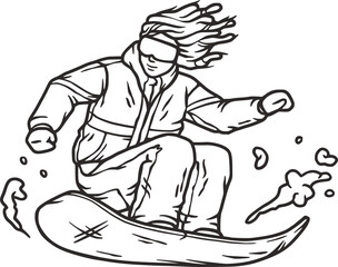 Winter sports snowboarder on a snow board in the jump. Outline hand drawing in vector
