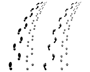 Footprints and dog paw prints, turn left or right