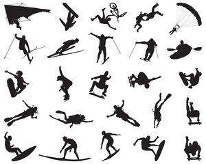 Black silhouettes of extreme sports on a white background
