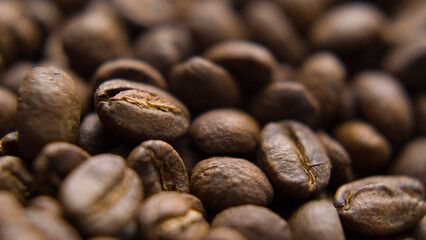Close up macro coffee beans detailed roasted grains texture bokeh
