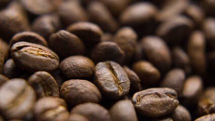 Close up macro coffee beans detailed roasted grains texture bokeh